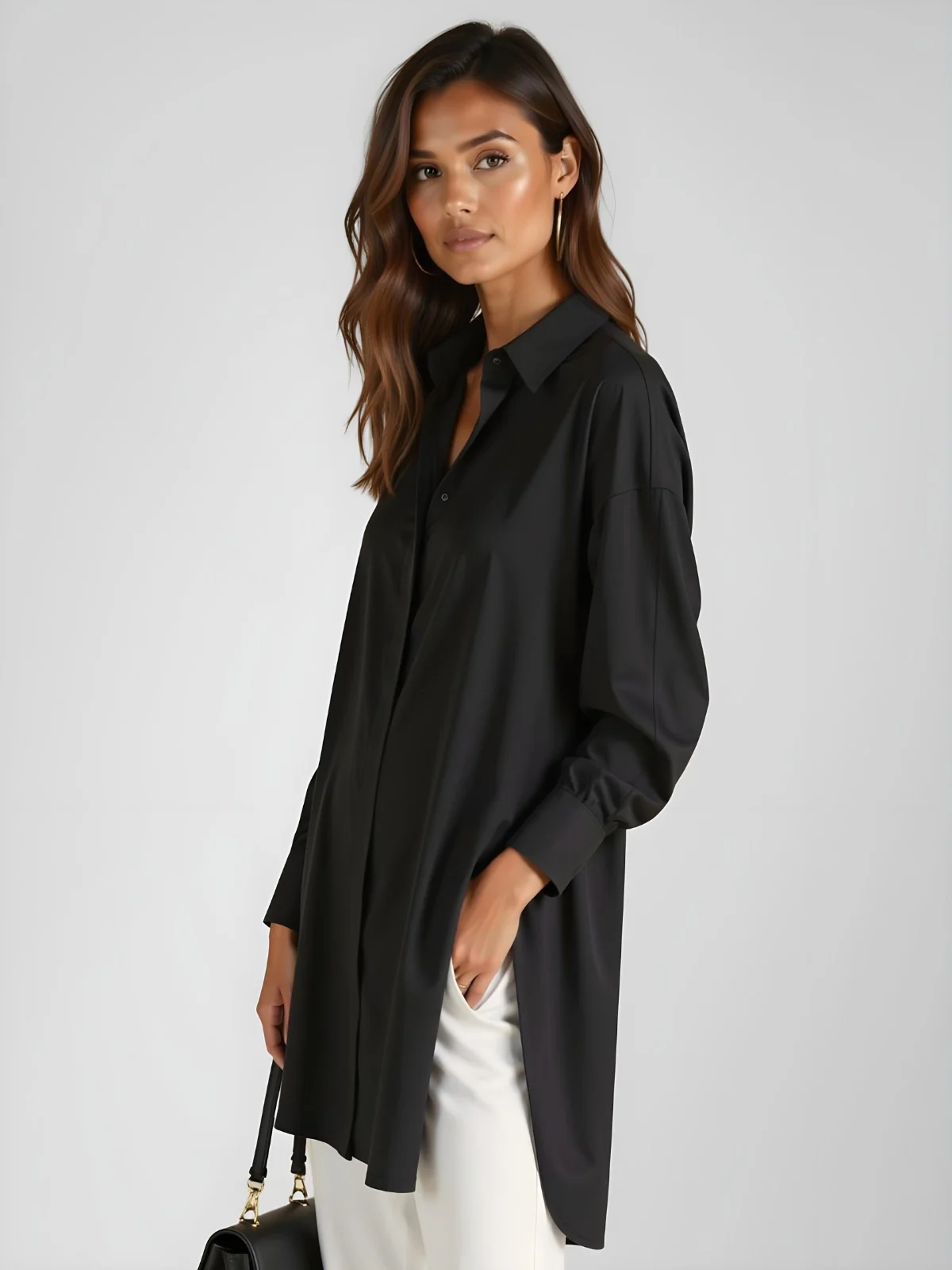 Oversized Lapel Button Shirt Dress - Image 3